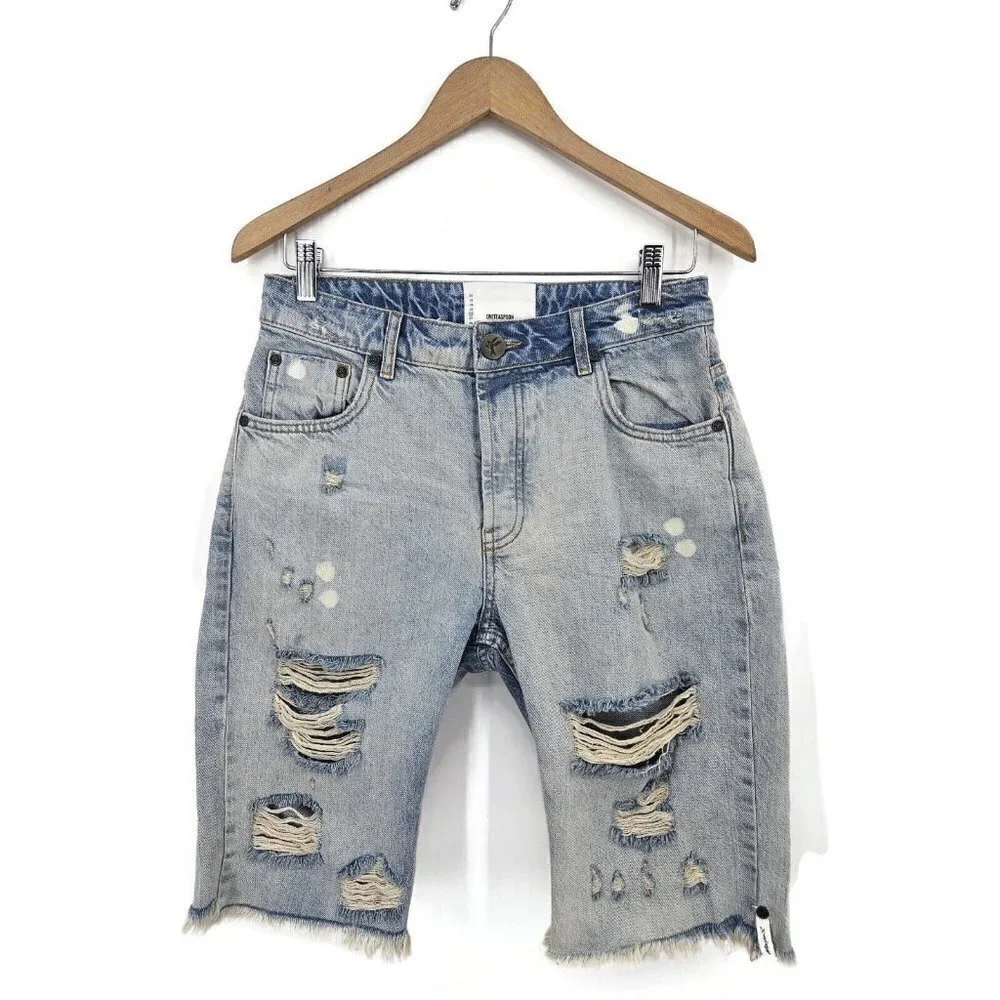 New One Teaspoon Denim Trucker Shorts Womens 26 Blue Long Line Destroyed Jeans